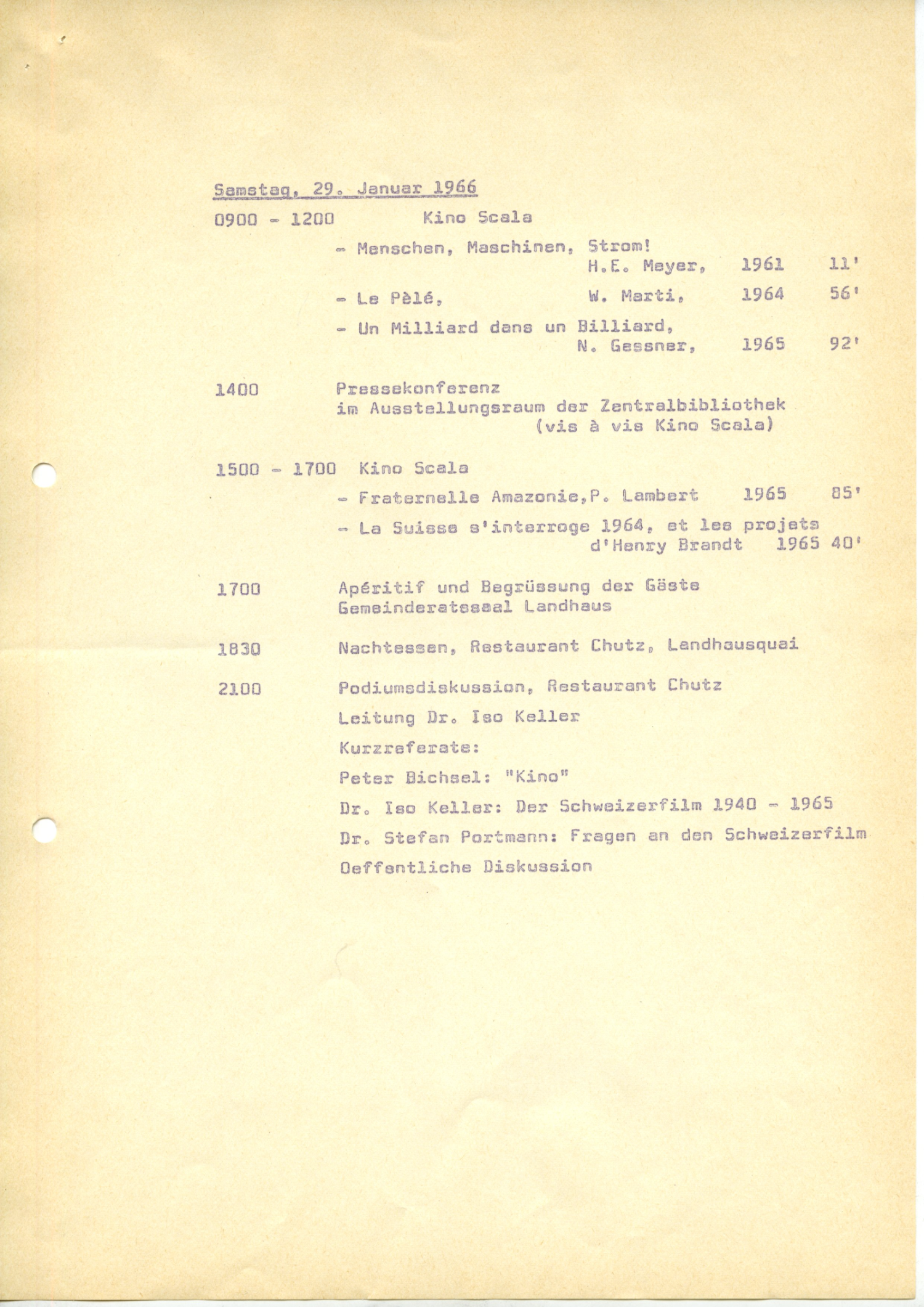 Programm der Tagung "Schweizer Film heute", 28. – 30. Januar 1966, S.3
