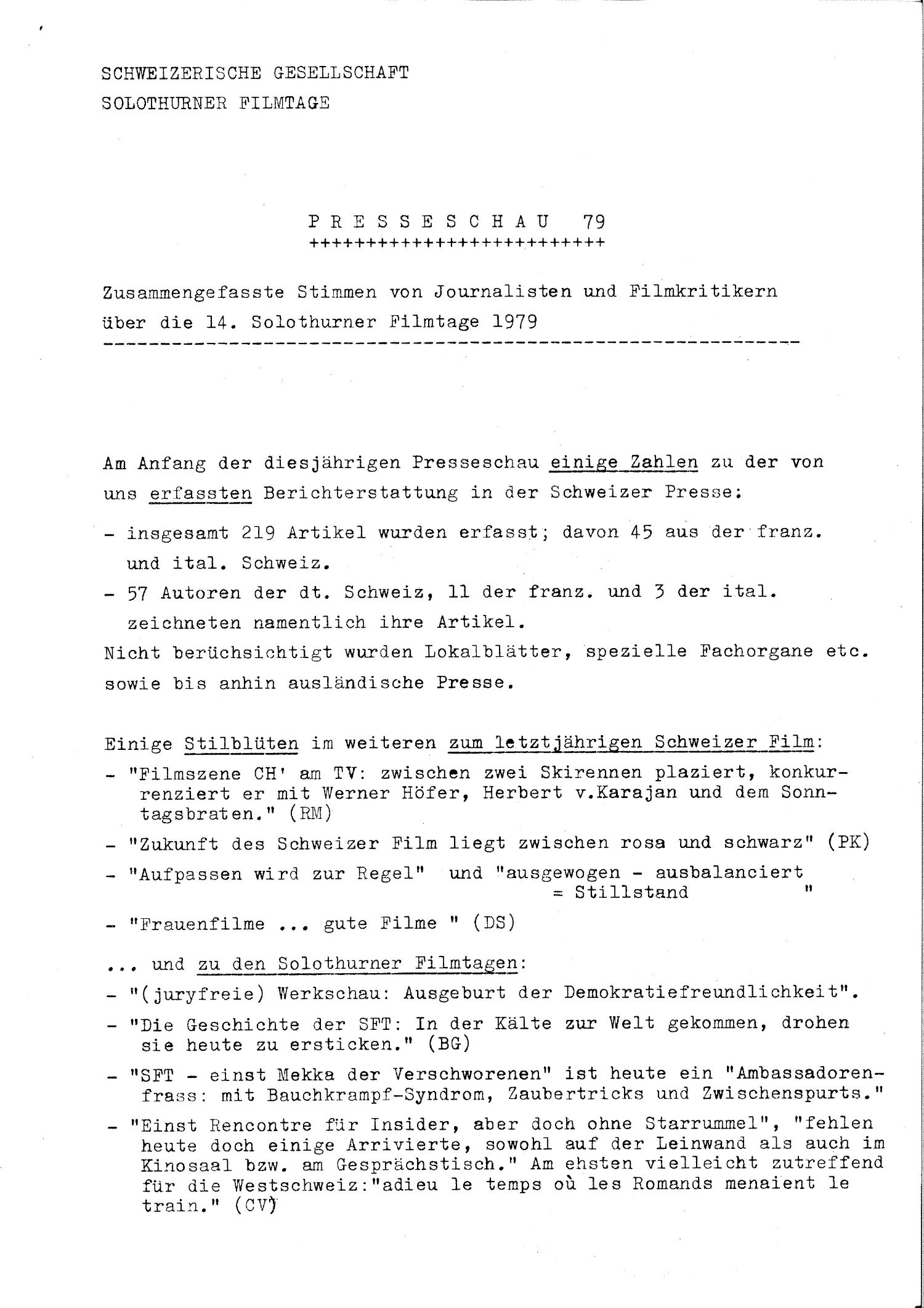 Presseschau, 14. Solothurner Filmtage, 1979