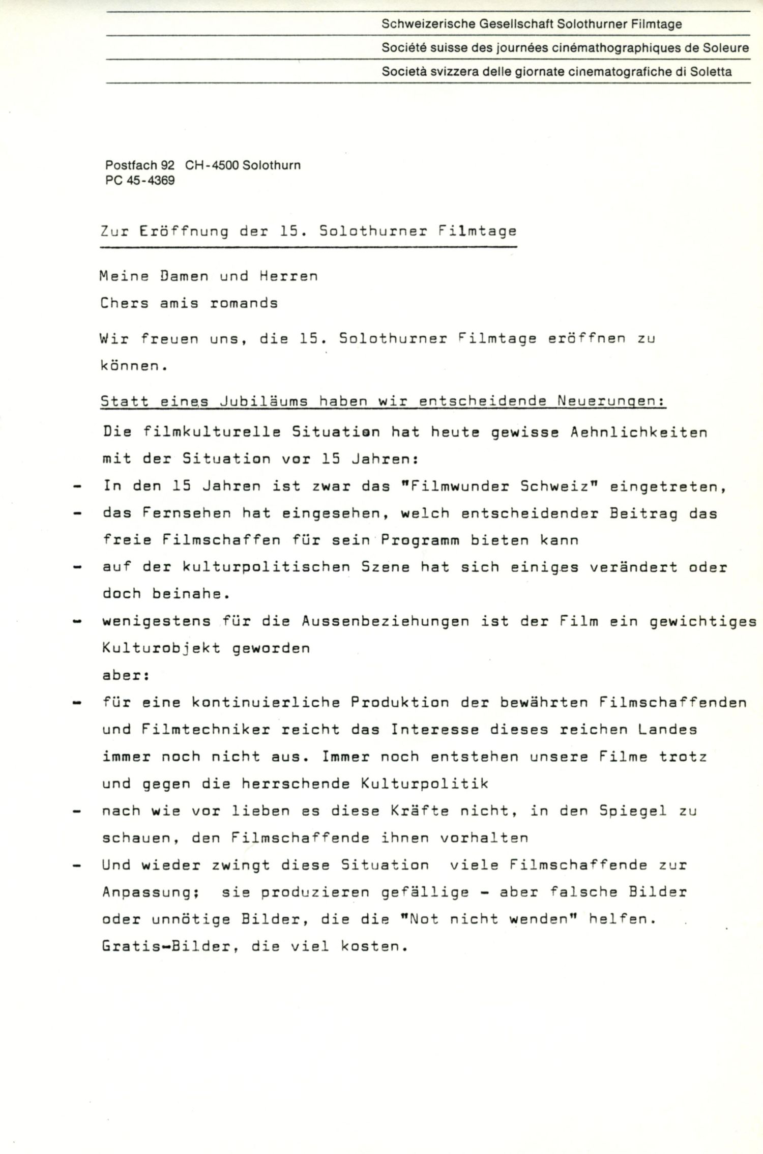 Zur Eröffnung der Solothurner Filmtage, 1980, S.1