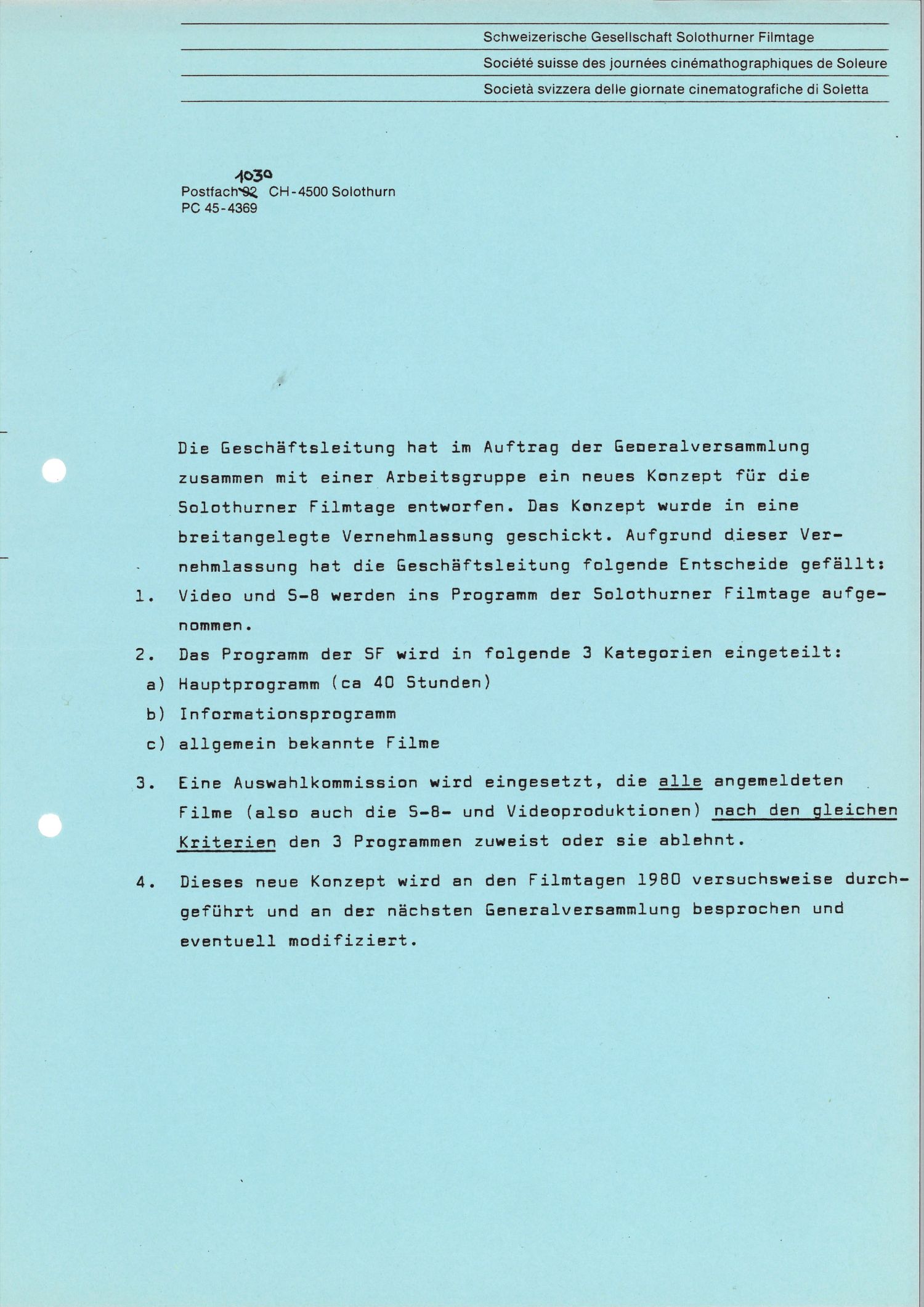 Neues Konzept für die Solothurner Filmtage, 1980
