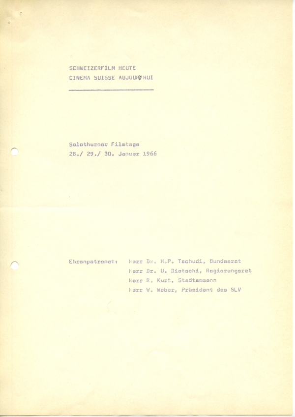 Programm der Tagung "Schweizer Film heute", 28. – 30. Januar 1966, S.1