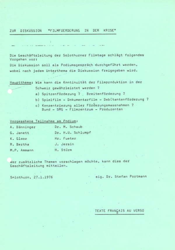 Zur Diskussion "Filmförderung in der Krise", 1976